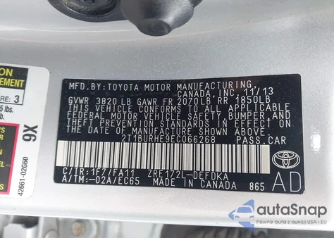 2014 Toyota Corolla L z USA, uszkodzony, nr VIN 2T1BURHE9EC066268